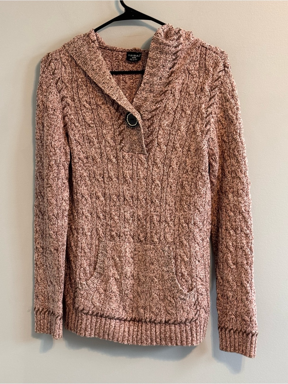 Tribal M Cable Knit Hooded Sweater Pullover Marled Pink Kangaroo Pocket